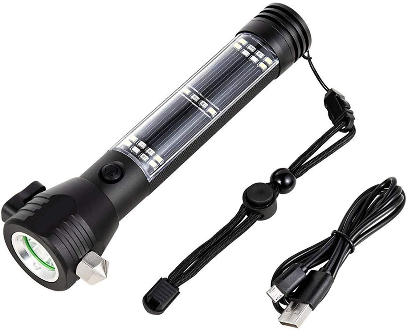 Outdoor Car Flashlight Solar Power Tactical Flashlight Multi Function Flashlight LED Torch With Safety Hammer Seat Belt Cut Compass For Hiking Camping Emergency, Camping, Travel, Hiking Safety
