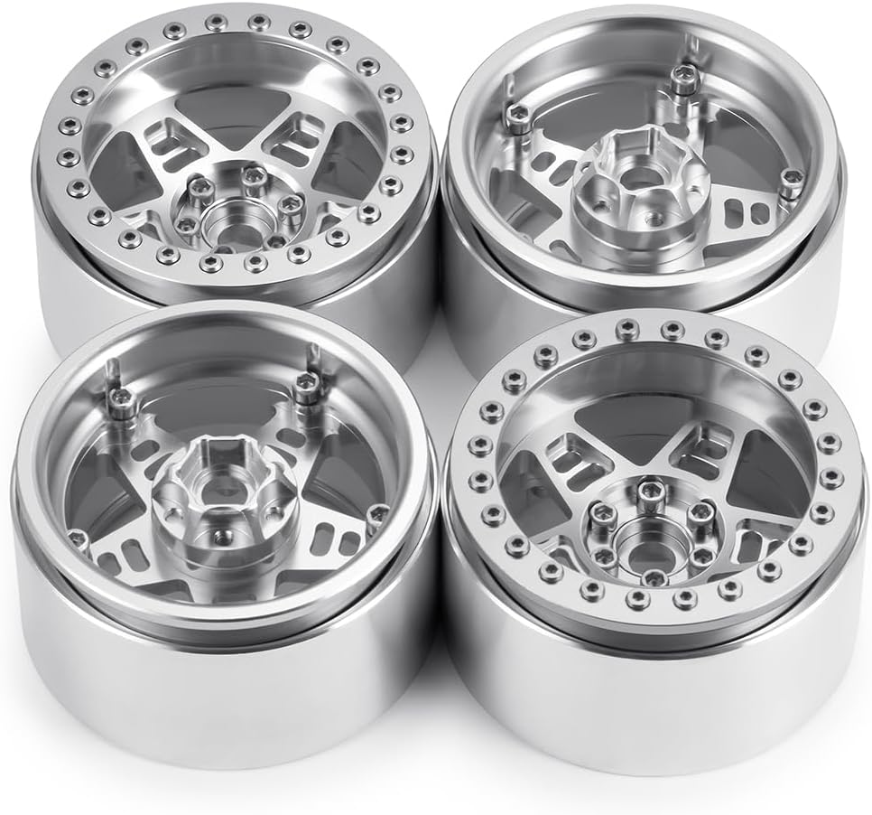 RCLIONS 2.2 Beadlock Wheels Aluminum Rim Hub 4PCS for 1:10 RC Rock Crawler Car Axial SCX10 Wraith RR10 90048 90018 TRX4 12mm Hex (Silver)