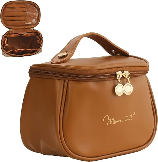 Women’s Large Capacity Cosmetic Travel Bag - Waterproof Leather Makeup Organizer with Wide Opening, Dividers with Handle (...