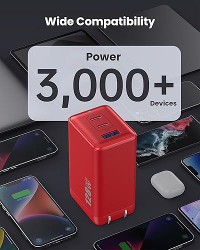 Miniatura 4 de Cargador de pared USB C de 128 W, estación de carga rápida de 3 puertos GaN III, bloque de cargador plegable PD QC, adaptador portátil de 65 W USB C