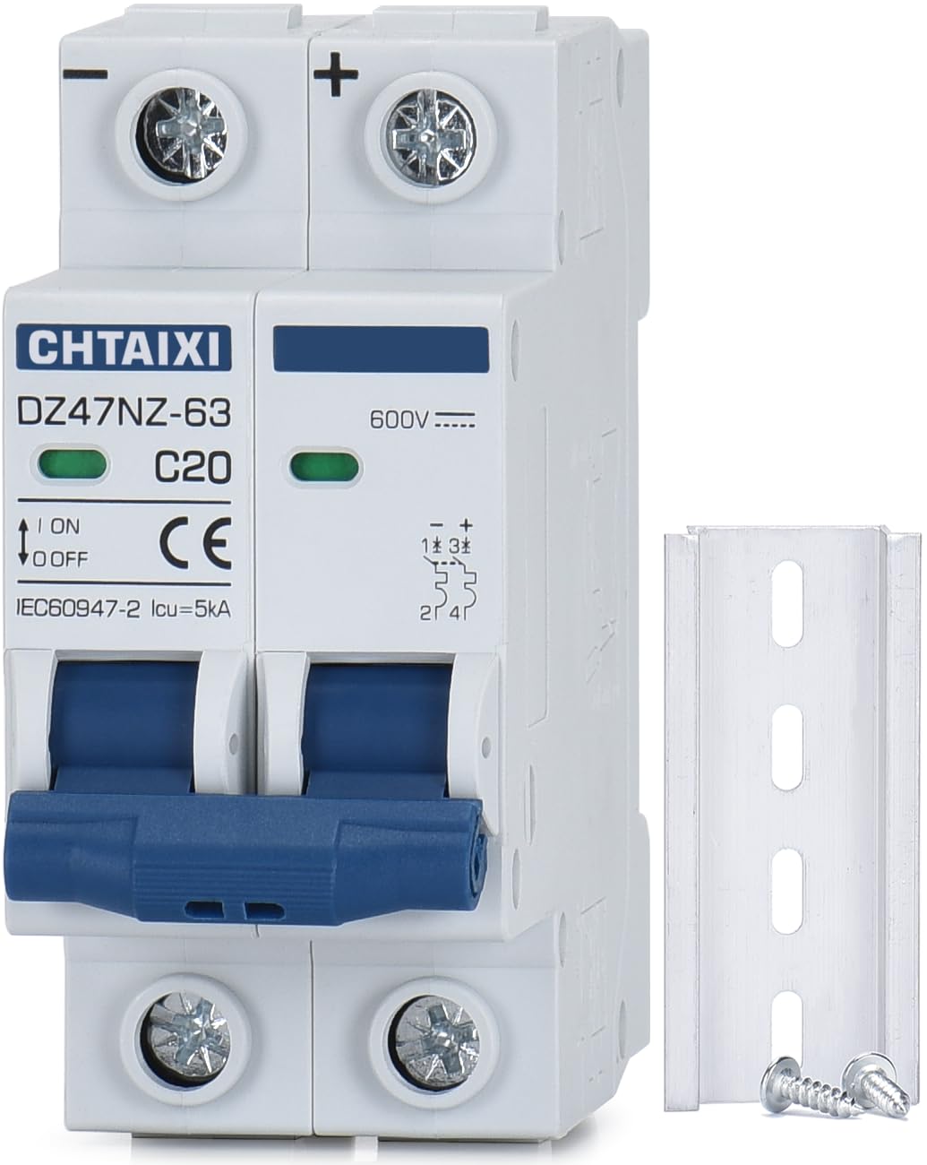DC Miniatur Leitungsschutzschalter, 2-polig, 600 V, 20 Ampere, Trennschalter für Solar-PV-Anlage, thermische magnetische Auslösung, DIN-Schienenmontage, DC-Trennschalter C20