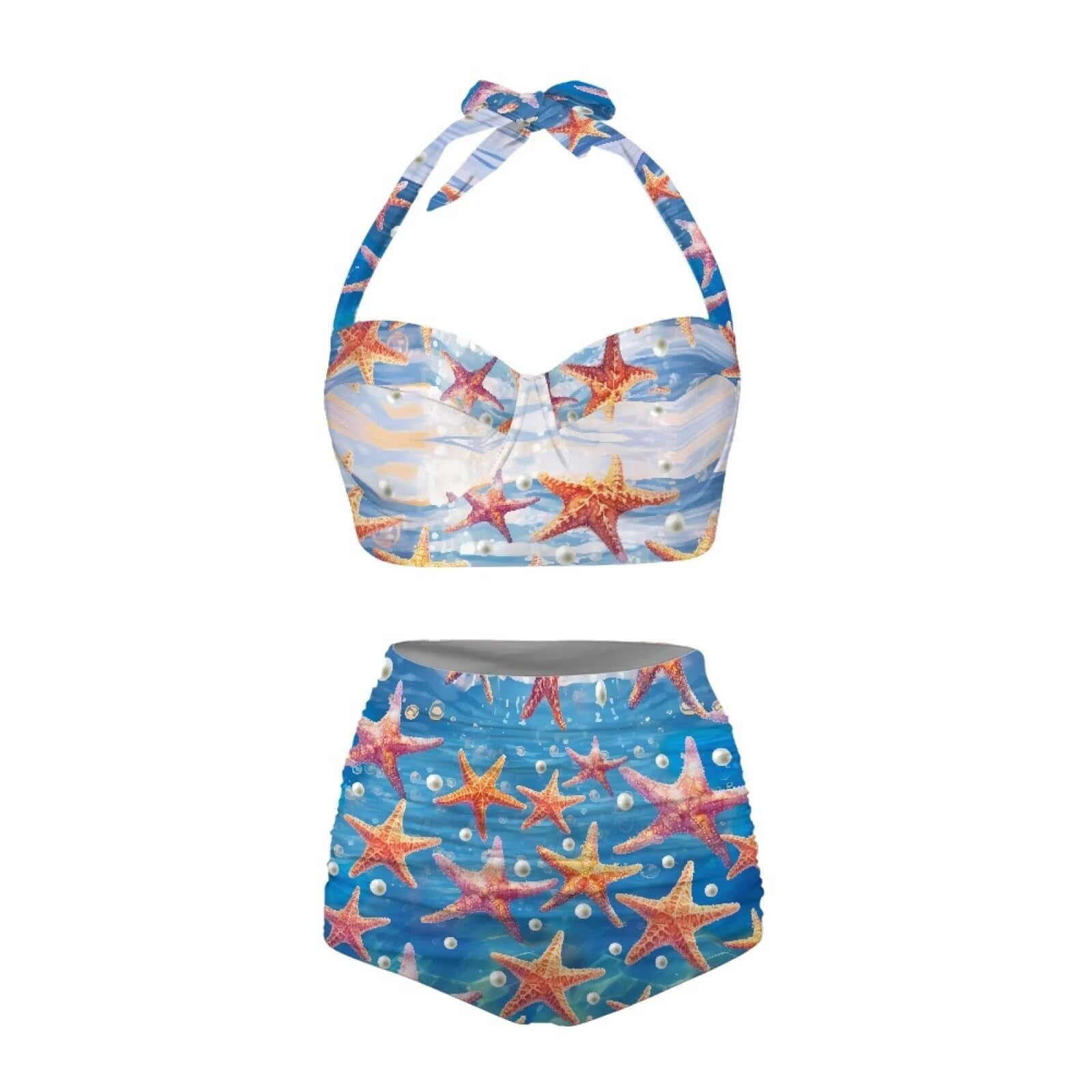 YEXIATODO Thong Bathing Suit for Women Two-Piece Swimsuit V-Neck Starfish Pearl Bikini Swimsuit Tummy Control Top with Bottom Suitable for Swimming,Pool Parties,Tennis S