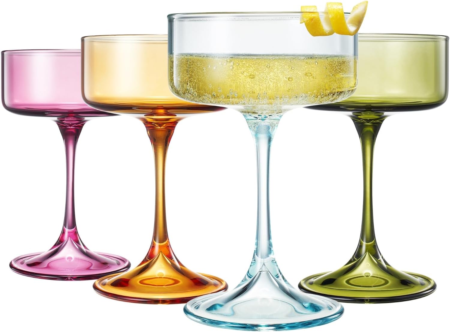 Khen Colored Vintage Art Deco Coupe Glasses - Martini, Cocktail & Champagne Glasses | Set of 6 | Pastel Muted Crystal Cocktail Glassware, Goblet Cocktails, Stemmed Ribbed Gift - Midway Ripple Set