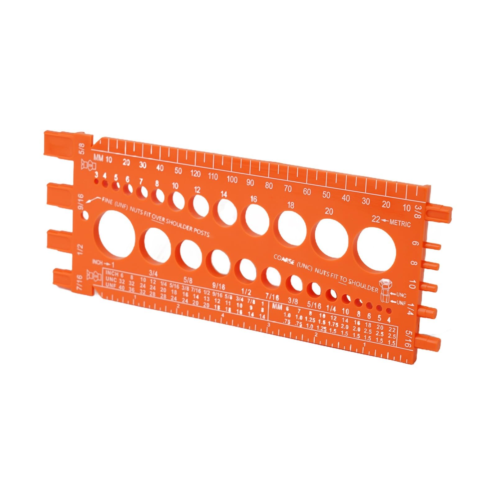 Mesure métrique et fixations | Boulon, vis, écrou, jauge de foret | Filetage avec diamètre, pas, longueur | Plastique, 21 cm pour orange