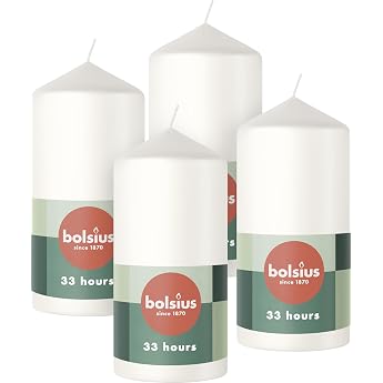 Bolsius Smooth Pillar Candles - White - Pack of 4 - 12 x 6 cm - Decorative Household Candles - Length Burning Time 33 Hours - Unscented - Contains Natural Plant Wax - Without Palm Oil
