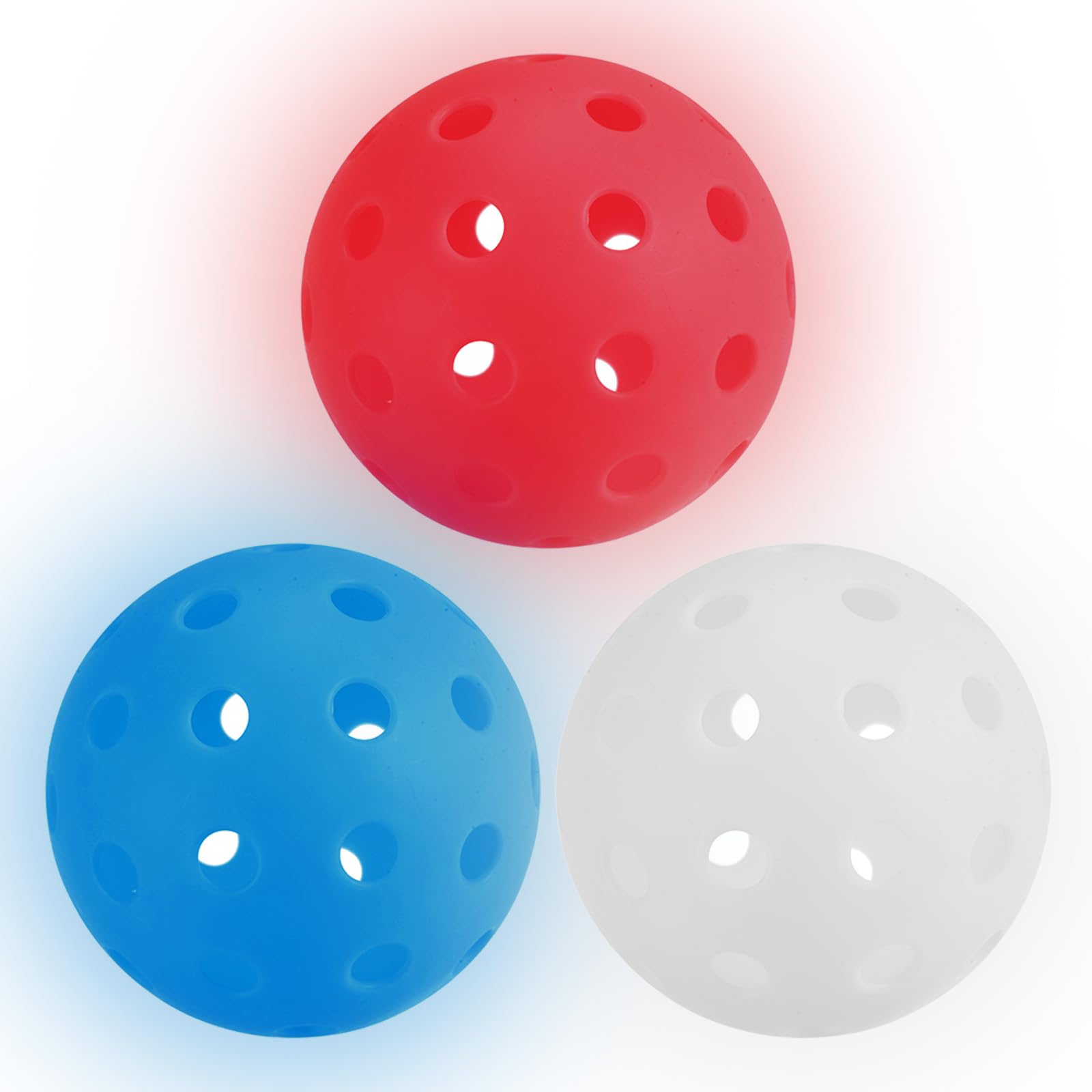 PATIKIL Luminous Pickleball Balls, 40 Holes Glow in The Dark Pickleball 3 Pack Outdoor Pickleball Balls with Mesh Bag for Indoor and Outdoor Sport, White,Red,Blue