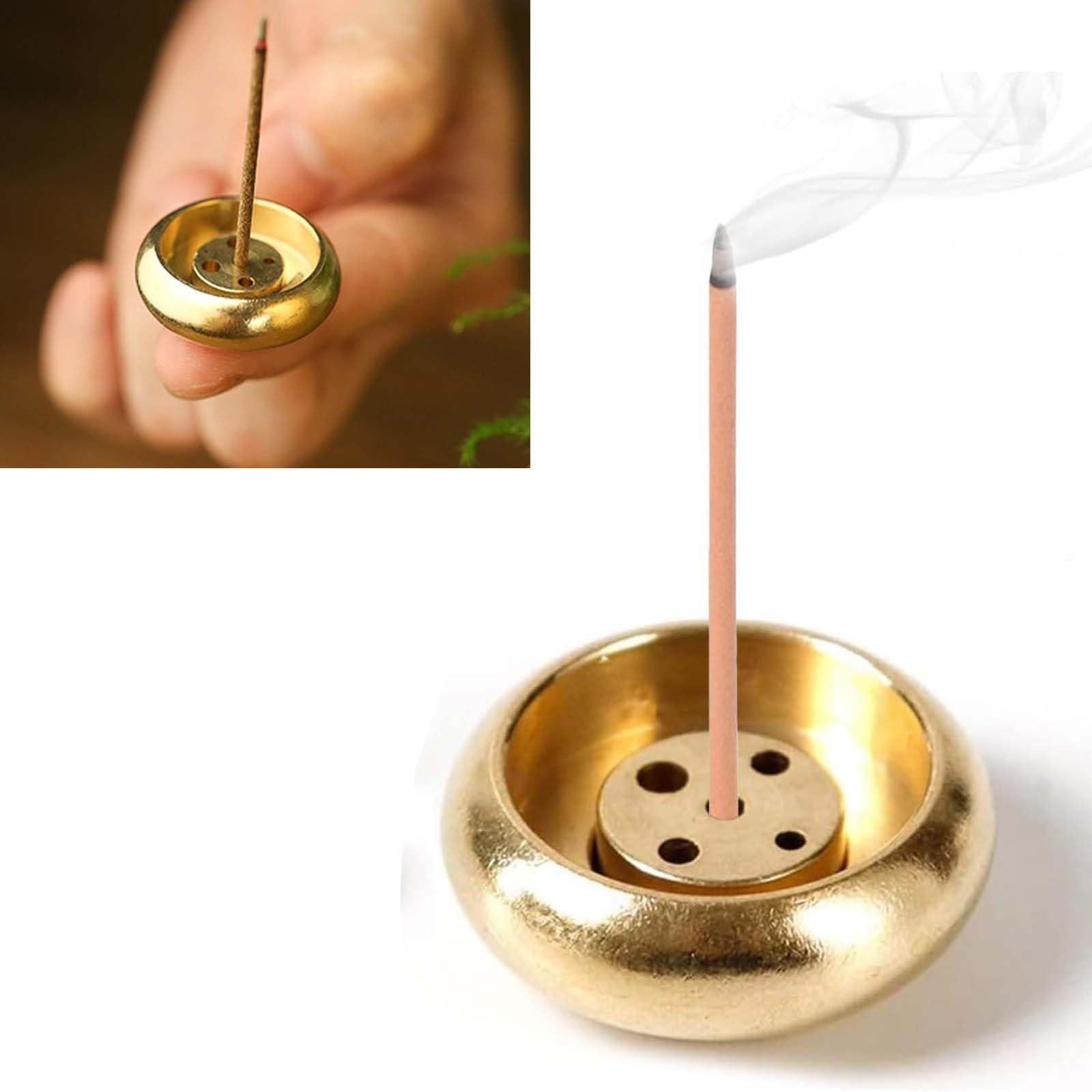 HUIKKJP お香立て ミニ 真鍮の香炉 耐久性 多機能 持ち運び便利 可愛い 5穴 香炉形 お線香立て 仏壇用 瞑想 書斎 ヨガ館用(ゴールド)