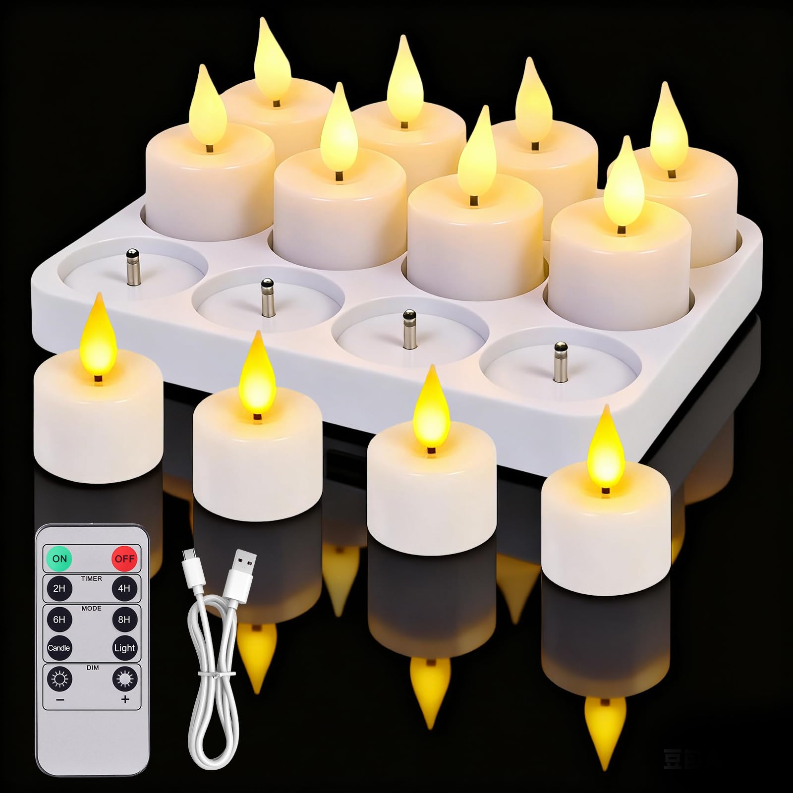 12 Bougie Chauffe Plat LED Bougie LED USB Rechargeable Sans Flamme 9 Niveaux de luminosité, Minuterie, 2 Modes D'éclairage, pour Halloween, Noël,Valentine's Day, les Mariages,les Fêtes,Eid
