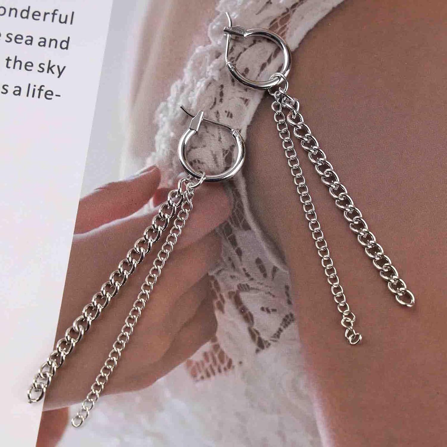 Vintage Chain Tassel Earrings Silver Metal Chain Earrings Long Chain Huggie Hoop Earrings Punk Fringe Chain Drop Earrings Jewelry for Women - Image 4