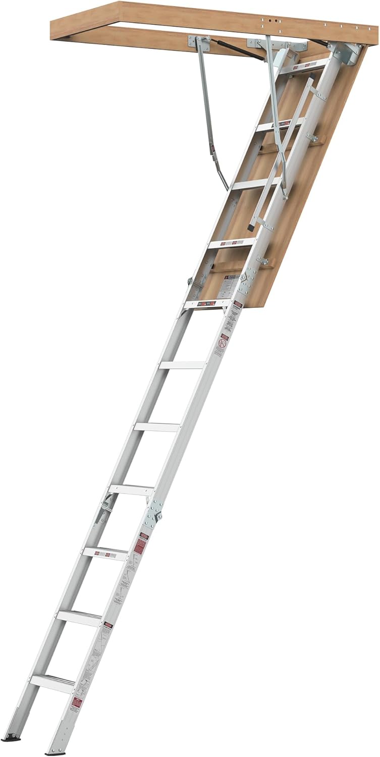 Aluminum Attic Ladder Lightweight and Portable Attic Access Door with Stairs 54" L x 25" W,350-pound Capacity Household Attic Pull Down System for 7-10 ft Ceiling Heights