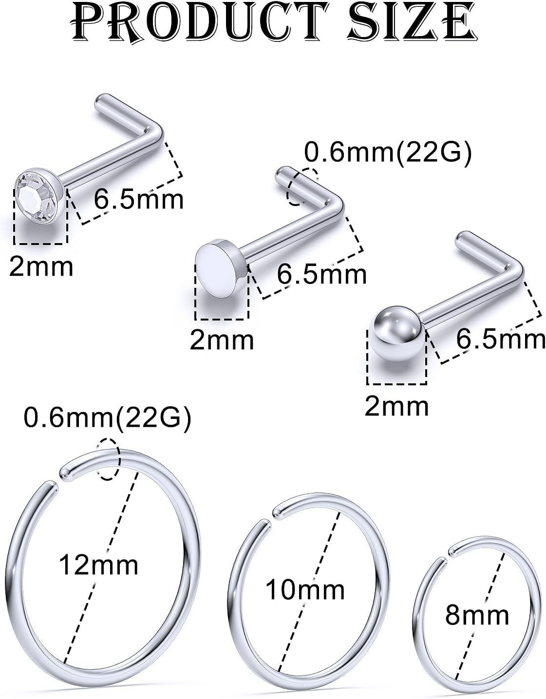 18G 20G 22G Nose Ring Studs Surgical Steel L Shaped Nose Studs Nose Rings Hoop Diamond Heart Cute Hypoallergenic Nostril Piercing Jewelry Silver Rose Gold Black Rainbow Nose Jewelry - Image 4