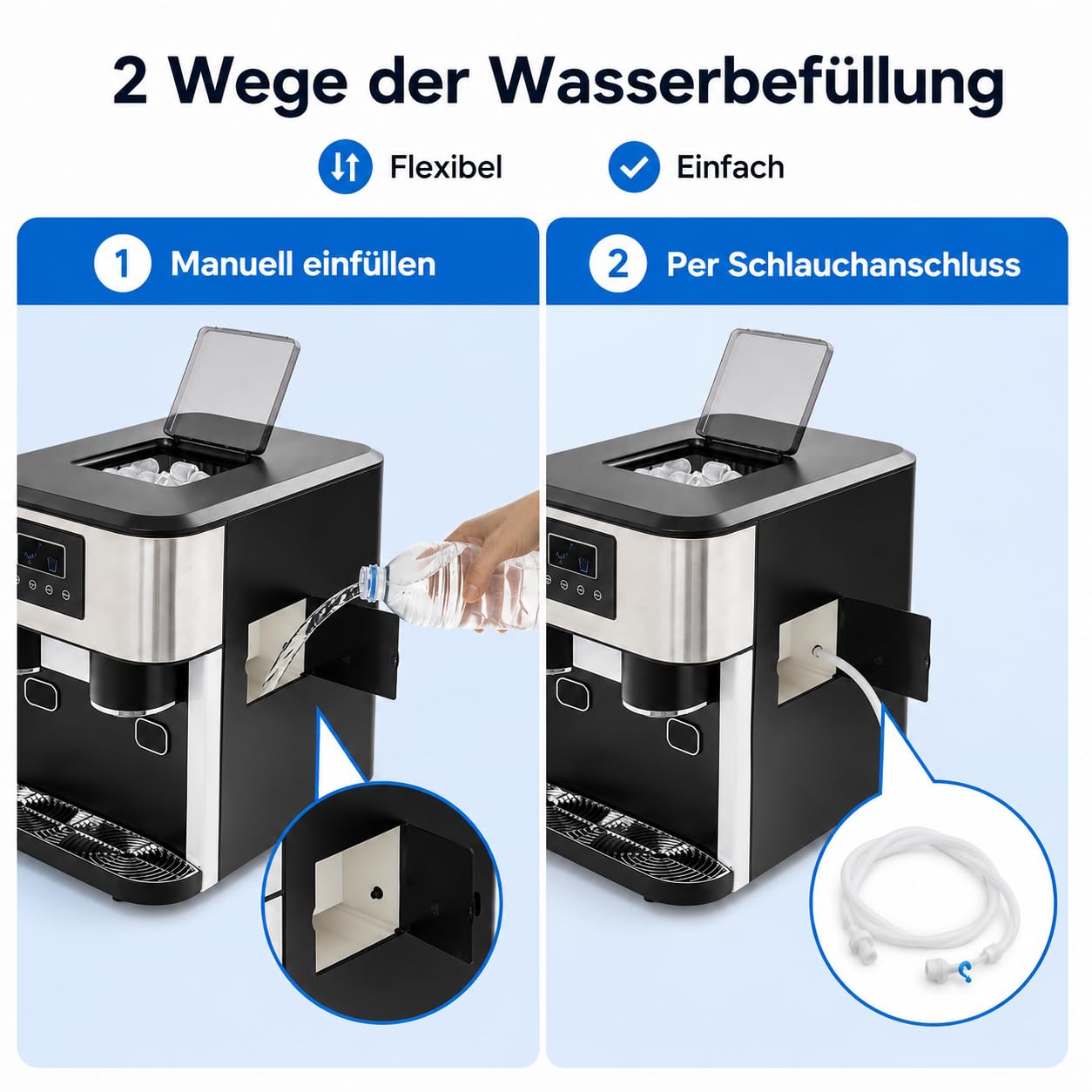 Macchina per il ghiaccio 3 in 1, dispenser di acqua, cubetti di ghiaccio e tritaghiaccio, LCD, 7-9 minuti, 16 ghiaccio | 16 sfere di ghiaccio per ciclo, 7-9 minuti. per passaggio, per casa, ufficio, caffè e bar, facile da usare, design compatto