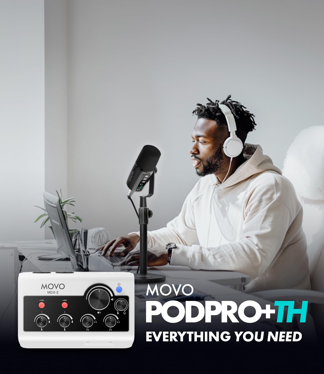 Movo Podcast Equipment Bundle for iPhone & Android – Professional Podcast Studio Kit with Audio Interface, 2 Dynamic Mics, 2 Headphones, and Table Stands – Compatible with Smartphones, PC, and Mac