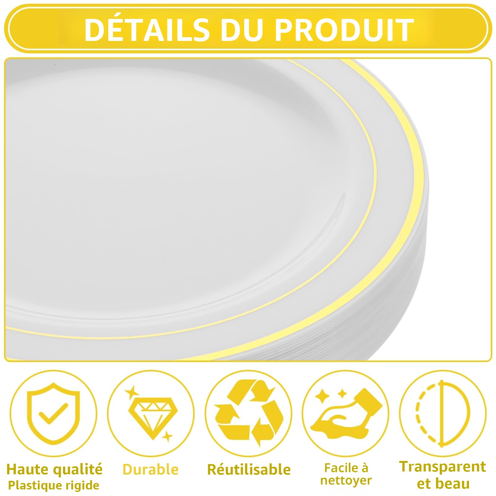 AKOLAFE 50 Pièces Assiette Plastique Reutilisable 20cm Assiette en Plastique Blanche Assiettes Dorées plastique Assiettes plastiques Rigide pour Mariages, Fêtes, Anniversaires, Noël et Baptêmes