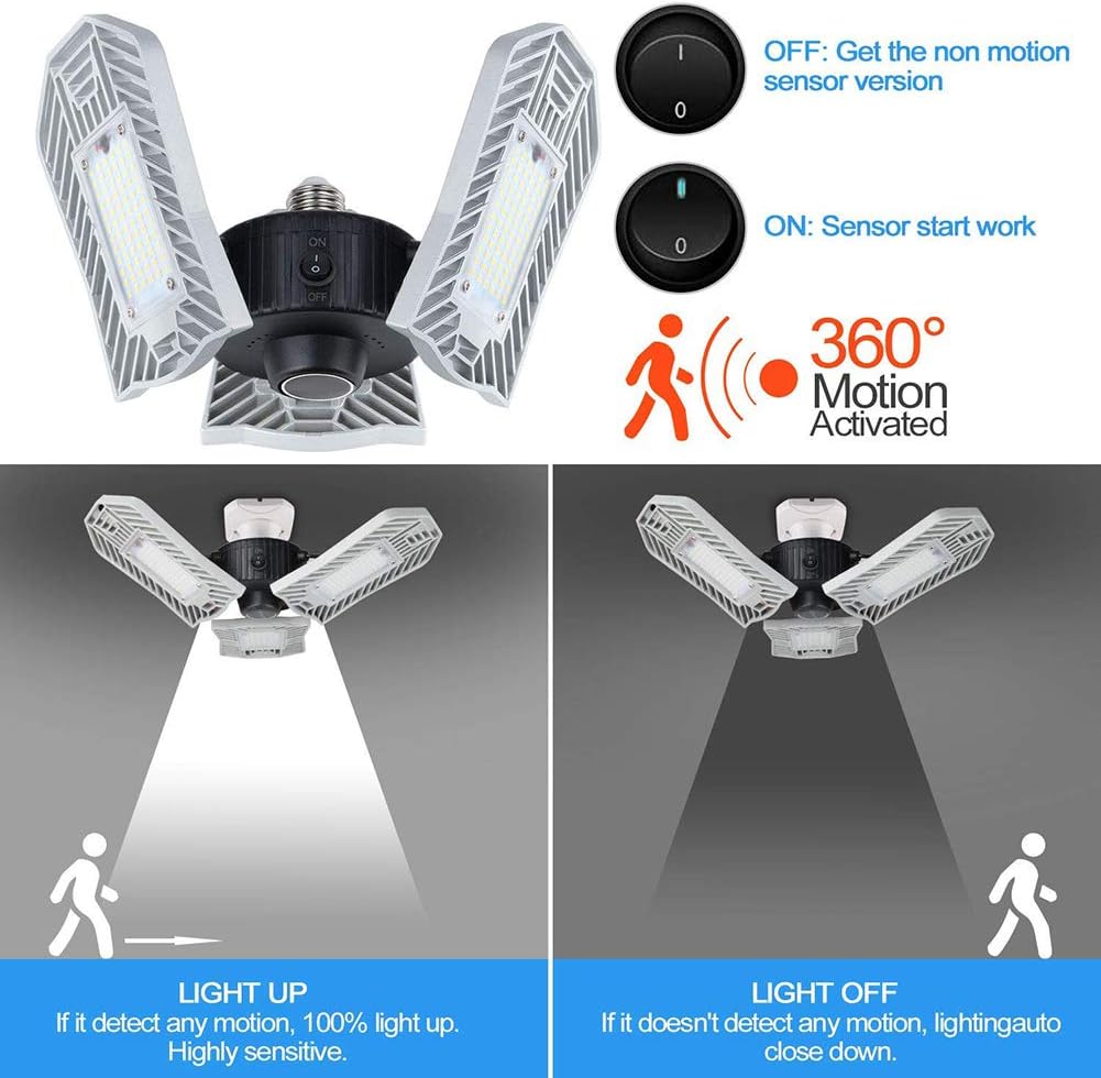 TOP оƒƒERS Garage Ceiling Lighting,Led Light Bulbs, 80W with Motion Sensor,8000LM 6000K ,Standby Time & Sensitivity Adjustable Three Leaf Garage Light with Remote Controller.(Upgrade Version)
