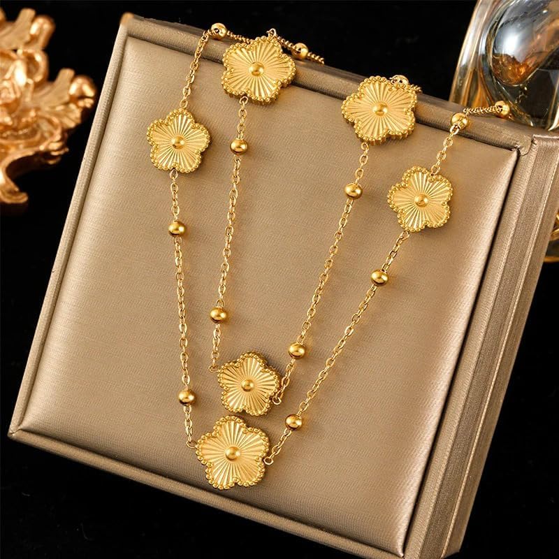 Clover Jewelry Set 18K Gold Plated Stainless Steel Necklace with Flower Design Four leaf clover for Women, Elegant Four Leaf Clover Necklace Floral Style Jewelry - Image 6