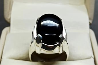 Natural Yemeni Black Agate Sterling Silver 925 Handmade Aqeeq Mens Plain Prongs Ring