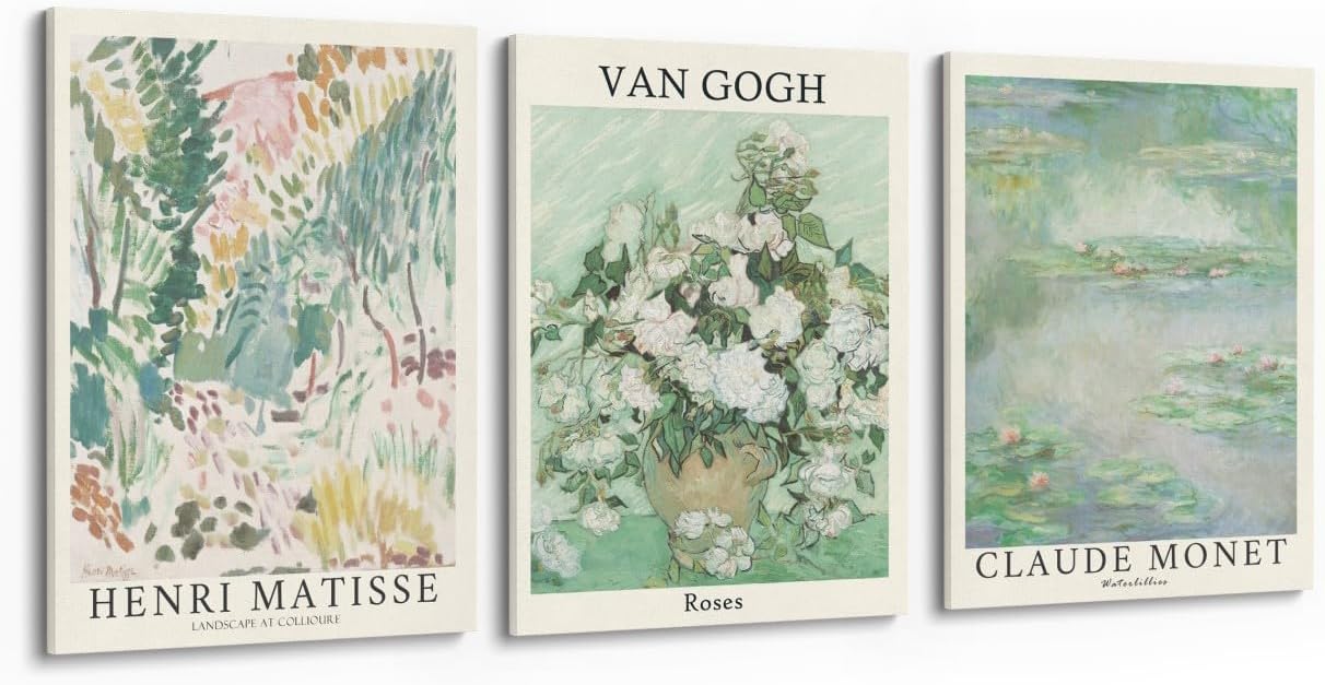 MINI ZOZI Sage Green Canvas Framed Wall Art Set Of 3 Matisse Van Gogh Monet Flower Prints 12x16 Wall Decor Large Mid Century Modern Aesthetic Over Bed Poster Painting Master Bedroom Living Room