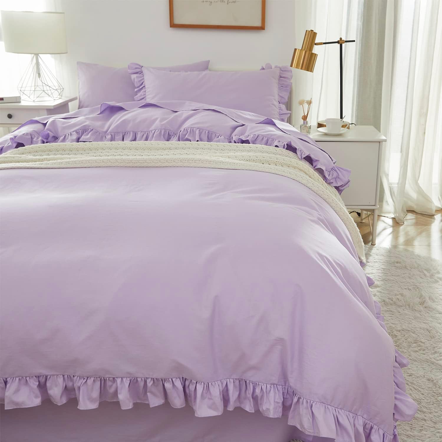 Brandream Kid's Duvet Cover Twin/Twin XL Size 100% Cotton 2pcs Girl Bedding Duvet Cover Shams Set, Delicate Ruffle Fringe Solid Color Soft and Breathable (Purple)