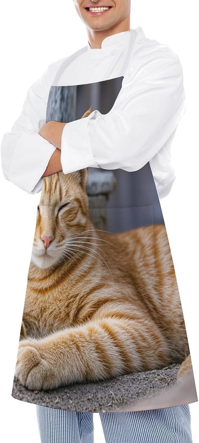Orange Cat Sleeping Apron Adjustable Chef Apron with Pocket for Men Women Waterproof Bib Apron Durable Cooking Apron for BBQ Baking Kitchen Cooking Apron