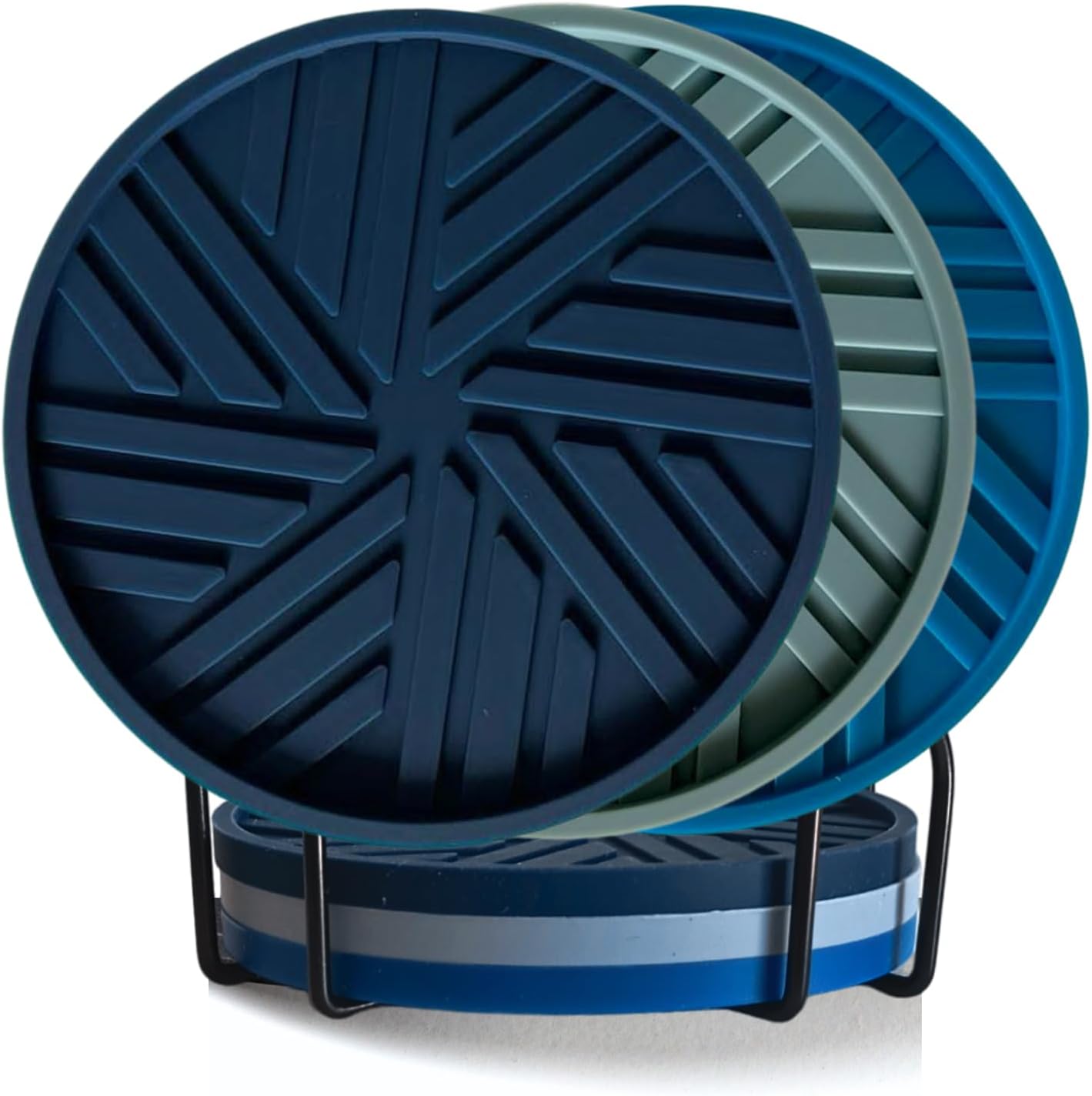 Silicone Coasters Set of 6 - with Holder - Modern Patterns Protecting Your Coffee Table, Navy/Blue image 3