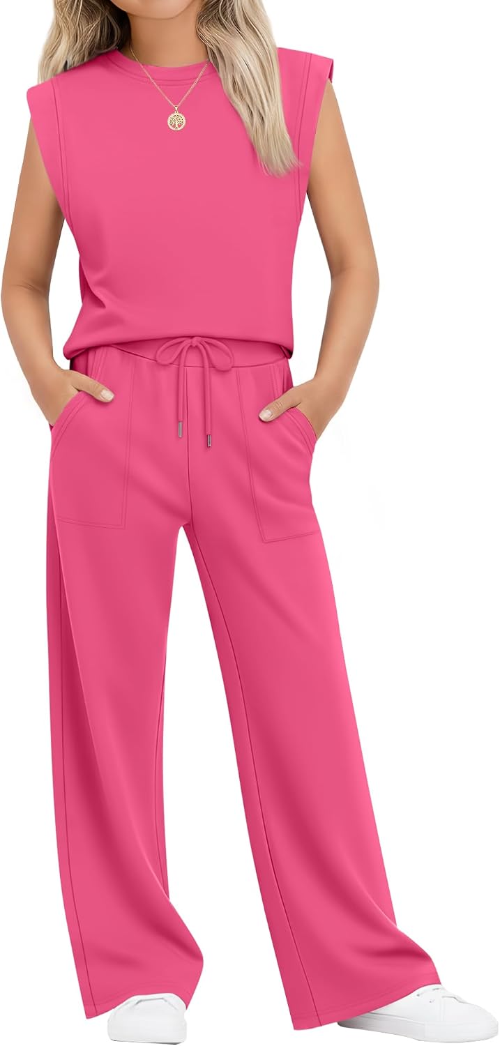 Girls 2 Piece Outfit Sets Short Cap Sleeve Crewneck Top Drawstring Straight Leg Pant Pocket Lightweight Clothes