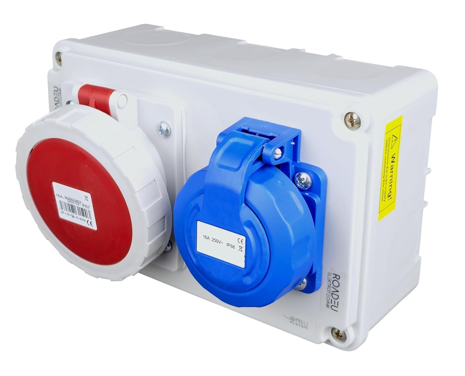 RoadEu – Steckdosenverteiler Schuko 230V + CEE 16A 5-polig, Stromverteiler IP67 Wasserdicht, Außensteckdose mit Abdeckung, Baustromverteiler für Indoor/Outdoor