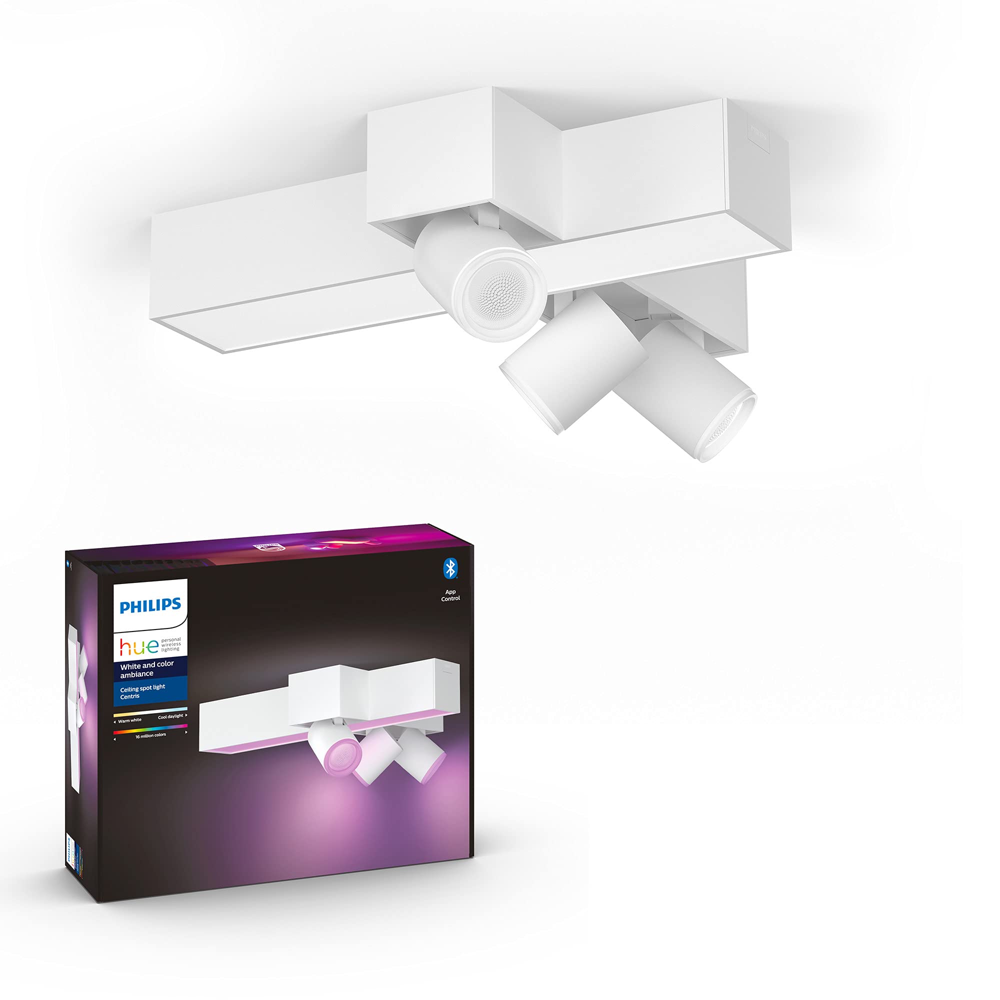 Philips HueCentris White and Colour Ambiance Smart Ceiling Cross Light Bar, 3x SpotLights [GU10 Spot] with Bluetooth, White. Works with Alexa, Google Assistant and Apple HomeKit