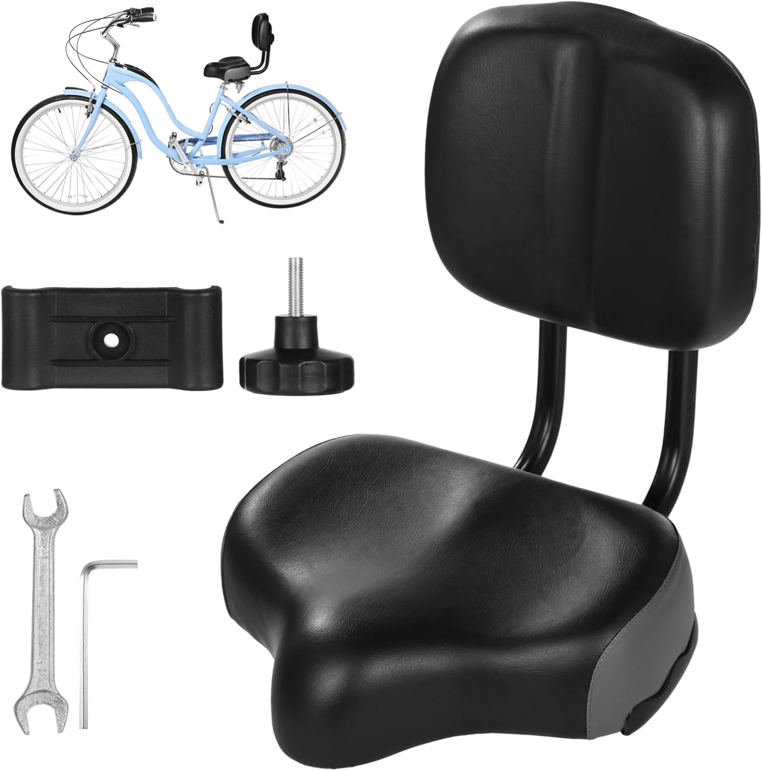 Bike Seat with Backrest - Oversized Bicycle Saddle with Back Support, Wide Bike Padded PU Cushion Saddle, Universal Saddle Replacement for Tricycle, Height Adjustable, Black-Gray