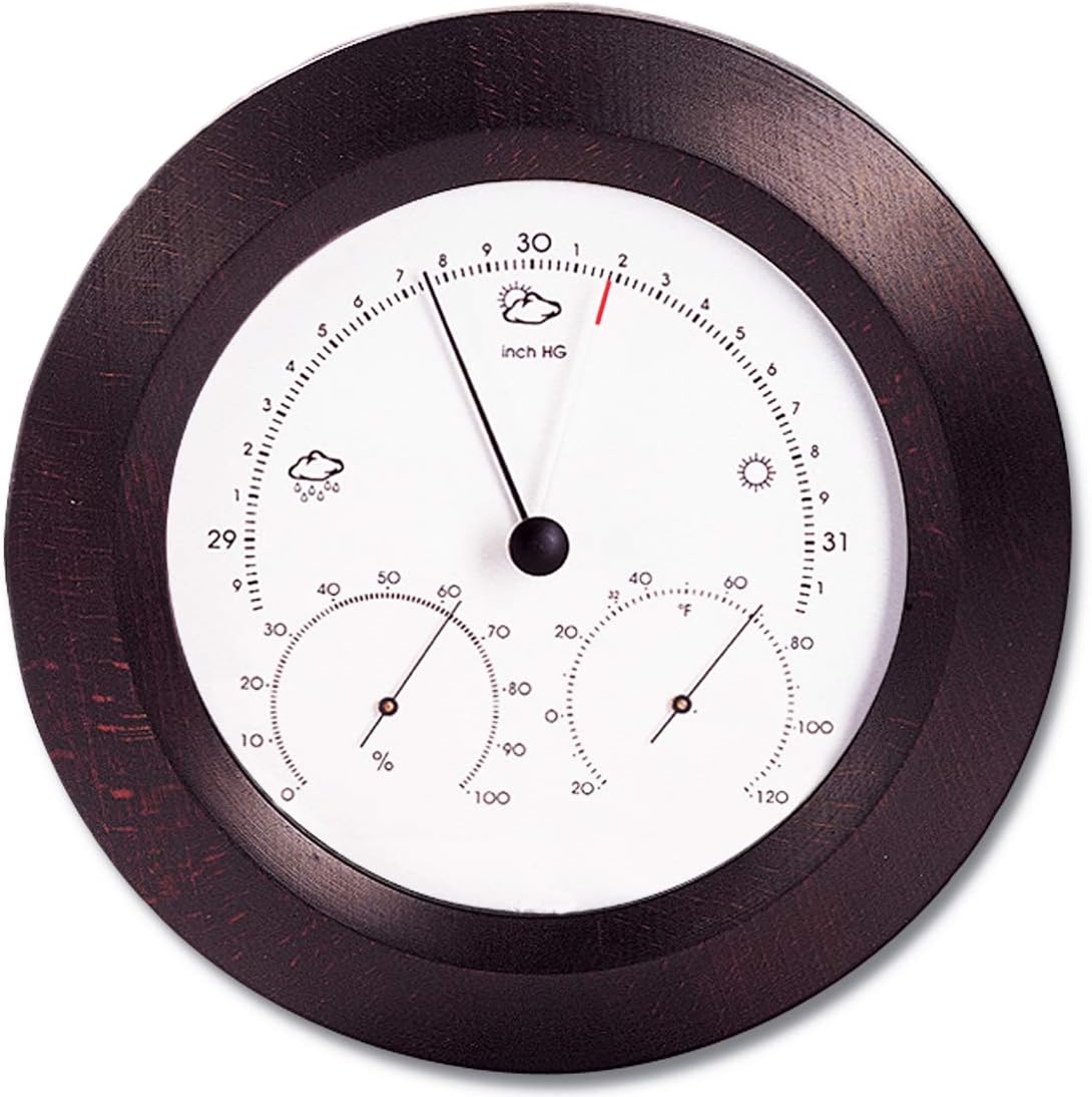 Hokco Weather Station - Aneroid Barometer - Analog Thermometer - Spiral Hygrometer - 8 in. Round Solid Beech Wood Frame (Mahogany Finish)