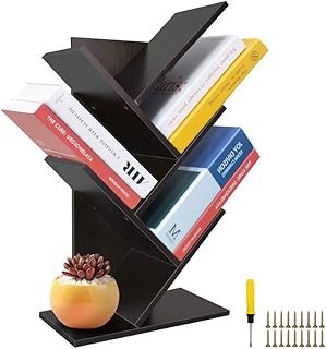 ZZBIQS 1PC Tree Bookshelf, Book Tower, Bookcase - Premium Wood Books Holder Organizer for Books, Magazines, CDs and Photo Album in Living Room, Home, Office, Kid's Room (Walnut Black)