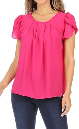 Womens Casual Solid Pleated Front Petal Cap Sleeve Round Neck Tee Blouse Top
