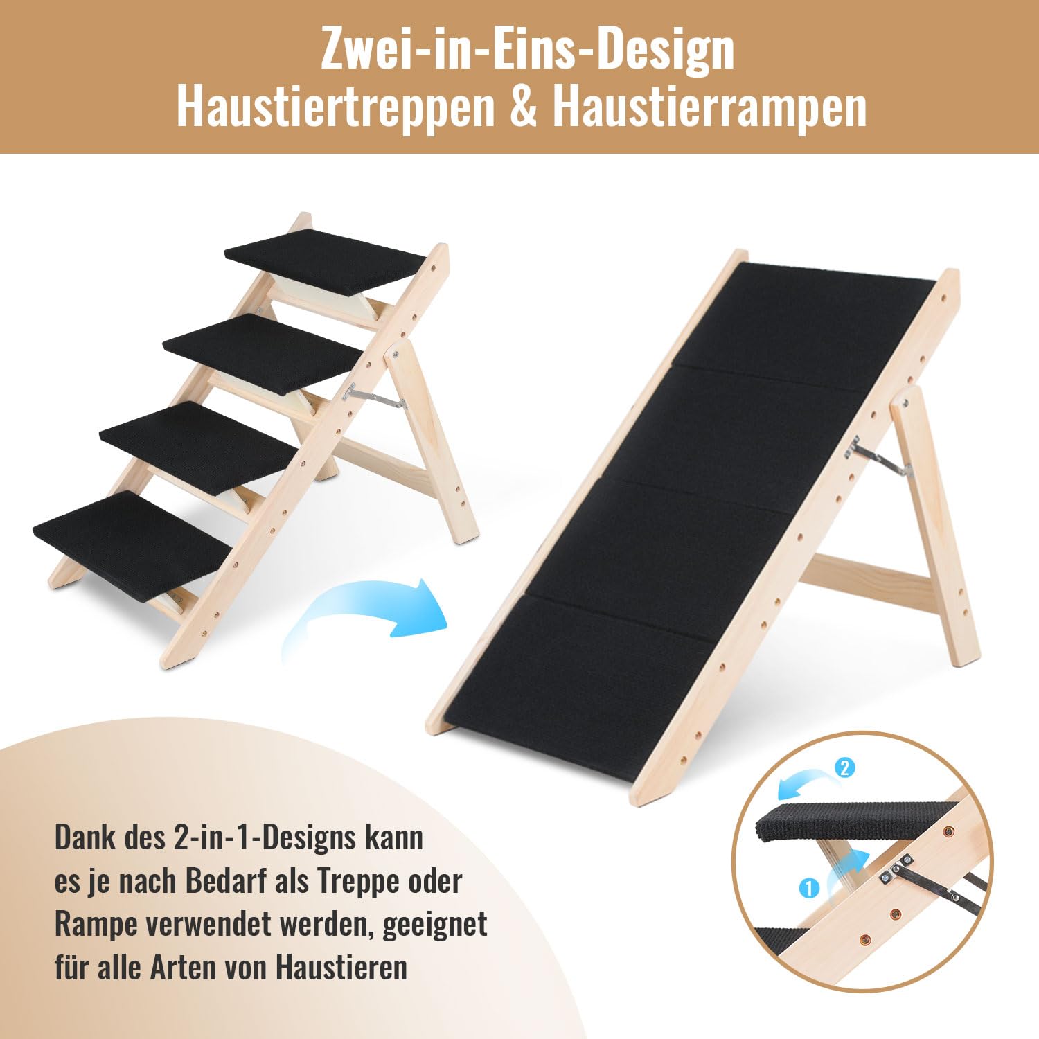 Hundetreppe 2 in 1 Hunderampe, Klappbare Haustiertreppe 65,5cm Hoch, 4-Stufig Faltbare Katzentreppe, Maximale Belastung 80kg, Tiertreppe mit Rutschfester Trittmatte für Hunde und Katzen
