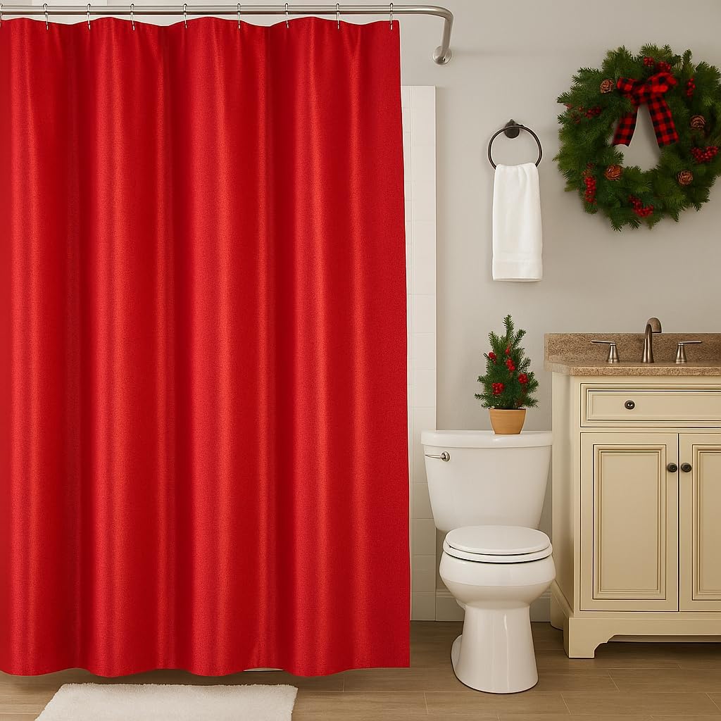 Serafina Home Christmas Holiday Decorative Luxury Red Fabric Shower Curtain for Bathroom: Shimmering Textured Jacquard Cloth, 12 Rollerball Hooks