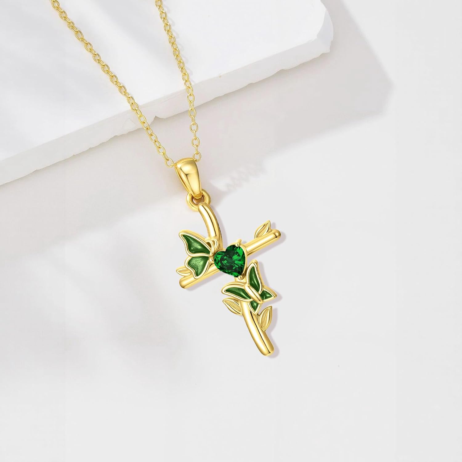 Midari 18K Gold Enamel Butterfly Cross Pendant Birthstone Necklaces for Women Christian Cross Jewelry with 12 Months Birthstone Birthday Gifts for Wife Her Daughter Mom - Image 6
