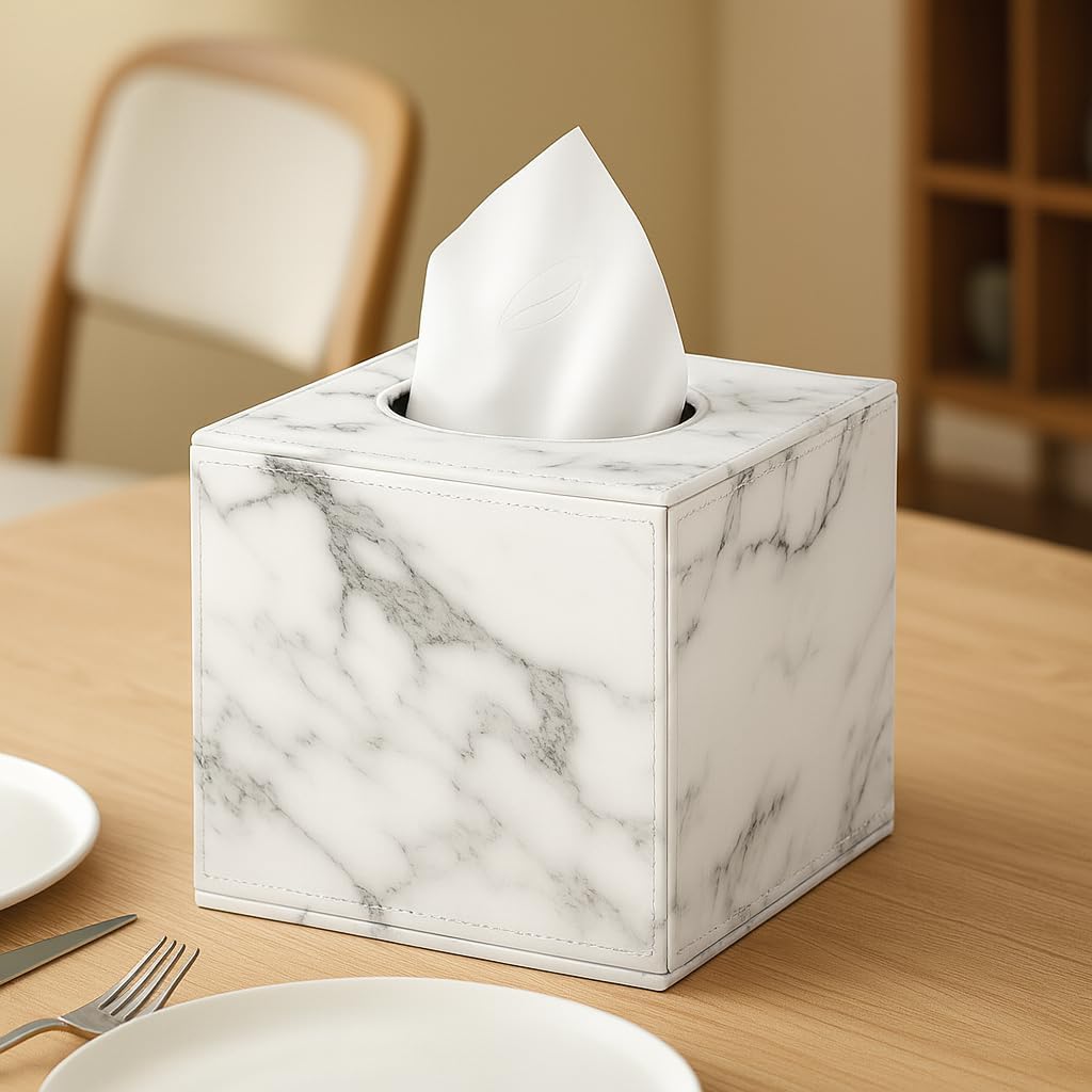 Luxury PU Leather Tissue Box Cover for Kleenex– Marble White Stylish Cube Dispenser for Home, Office, Car, Hotel – Square Tissue Holder with Magnetic Bottom image 3