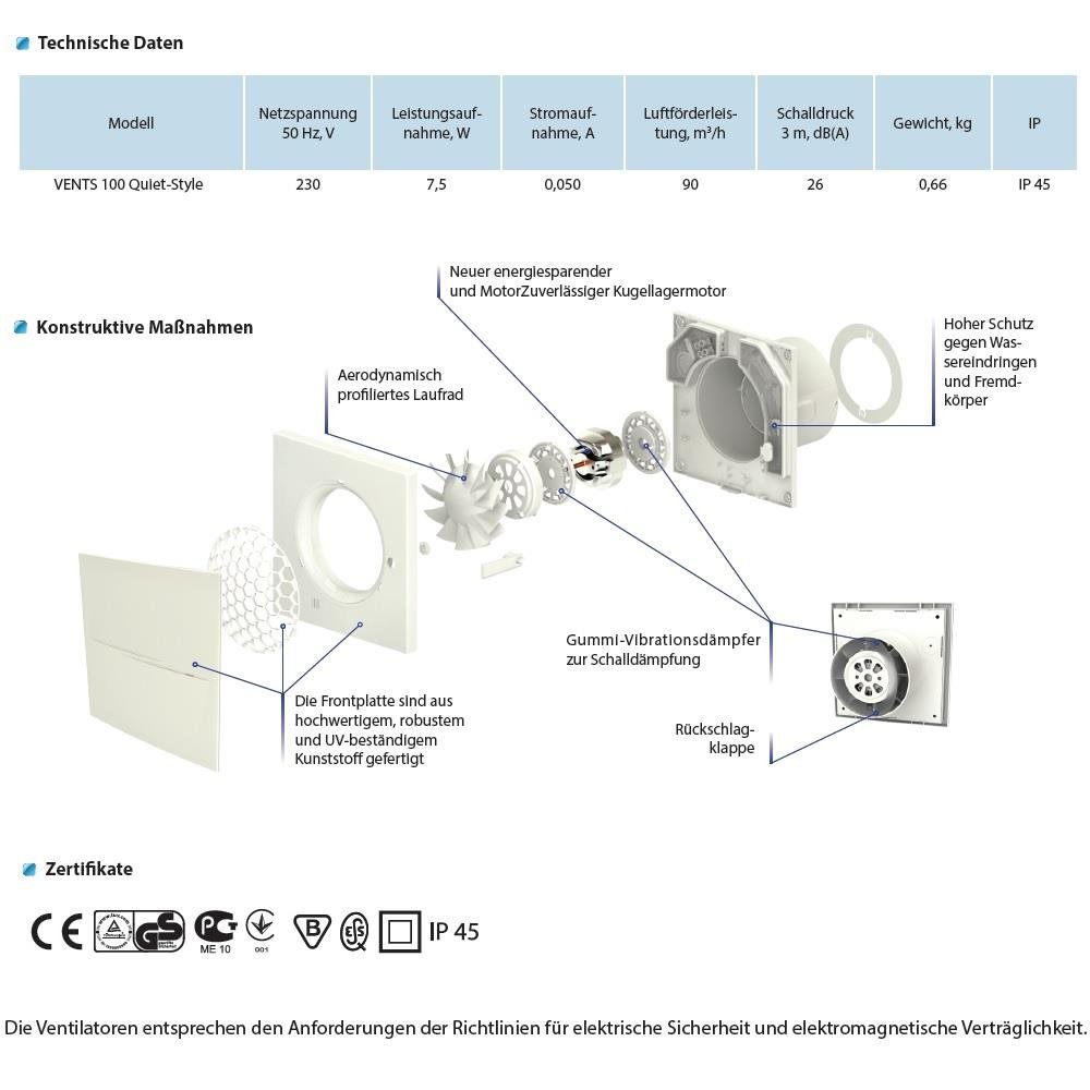 The Fan, Bathroom Fan, Original, Fan 100 QUIET TIMER, Afterrun, Very Quiet 24 DB (A), 100 Mm, 97 M³/h, 7.5 W Energy Saving, Ball Bearings, Check Valve