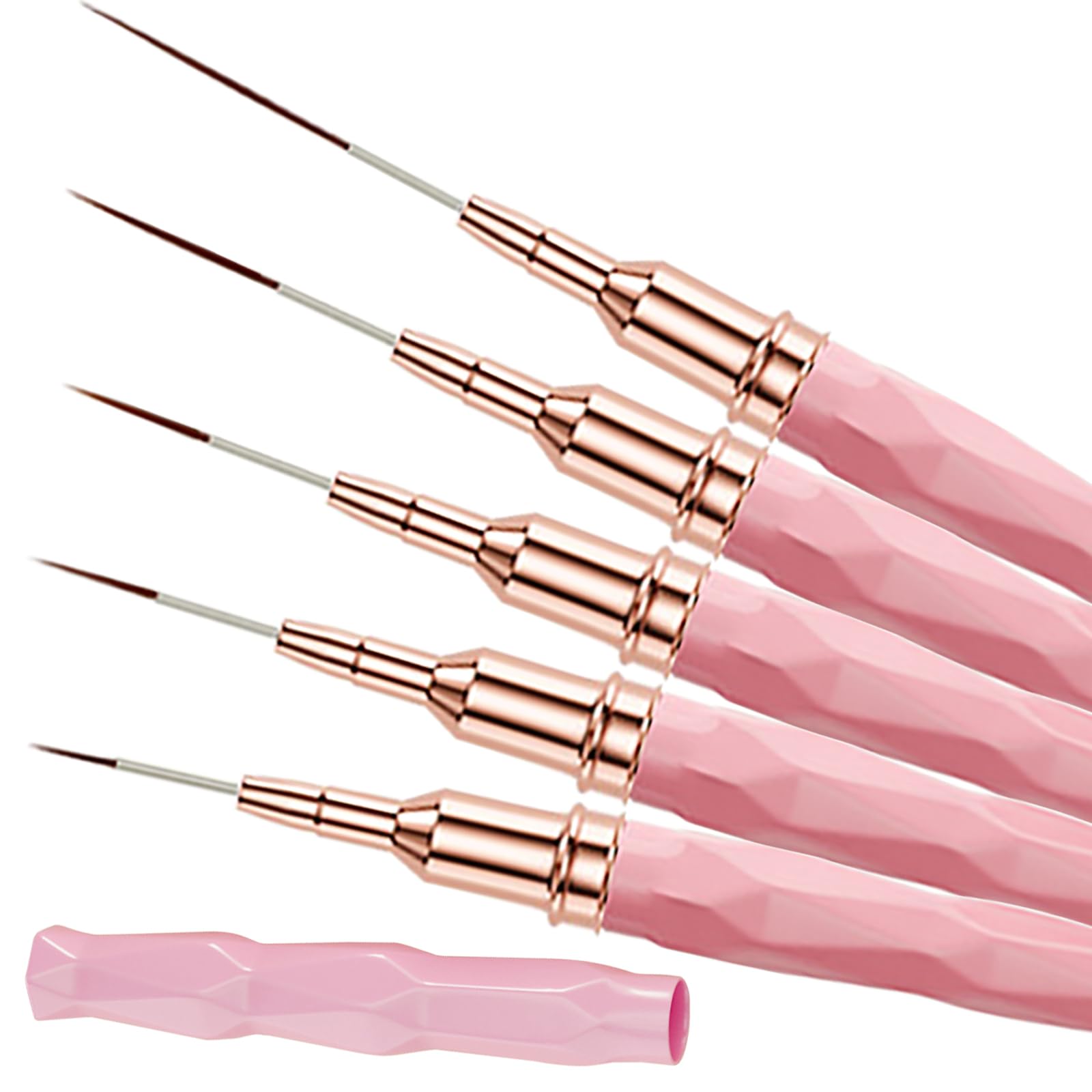 Professional Detail Nail Art Paint Liner Brush Set, 5Pcs Small Polish Design Tech Nail Tip Fine Line Striping Brushes, 25/15/11/9/7Mm Skinny Long Bristle Nails Drawing Pink