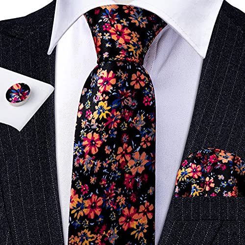 Image of Barry.Wang Flower Ties for Men Handkerchief Cufflinks Set Wedding Necktie Set Party