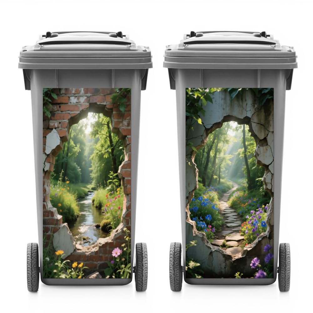 ANATTASOUL 2 Sheets Spring Wheelie Bin Stickers Hole and Jungle Creek Waterproof Dustbin Covers Decor, 14.9"x 32.2" Adhesive Large Funny Decal for Bins, Fridge, Wall, Garden Outdoor, Indoor Decoration