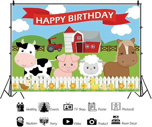 Miniatura 6 de Renaiss Fondo de cumpleaños de animales de granja de dibujos animados de 7 x 5 pies, bonito telón de fondo de valla de vaca, granjero, casa de