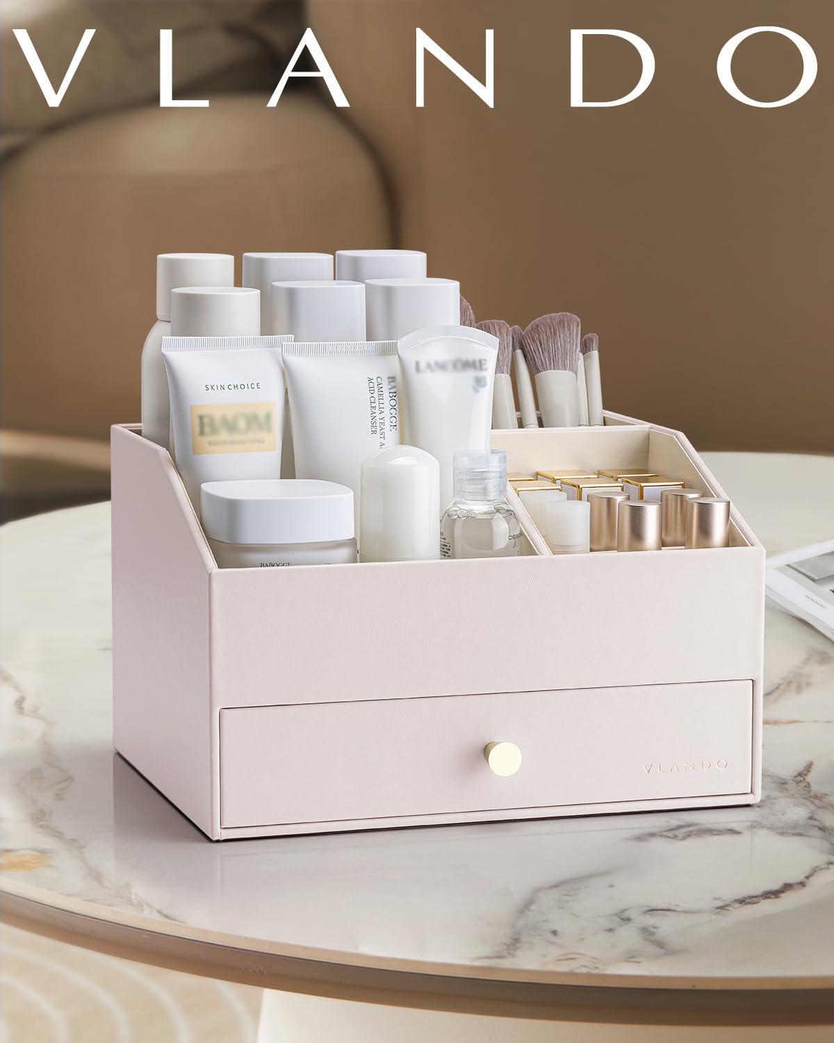 Vlando Organizer per trucchi con cassetti, organizer per cosmetici in pelle PU, organizer per profumi, grande espositore per rossetti, pennelli, regalo per donne, albicocca bianca