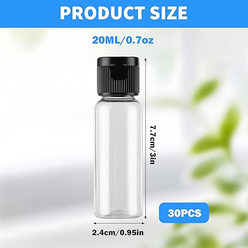 Miniatura 2 de Paquete de 30 botellas de viaje vacías de plástico de 0.7 onzas con tapa abatible, recipientes cosméticos para lociones, champús y aceites de masaje