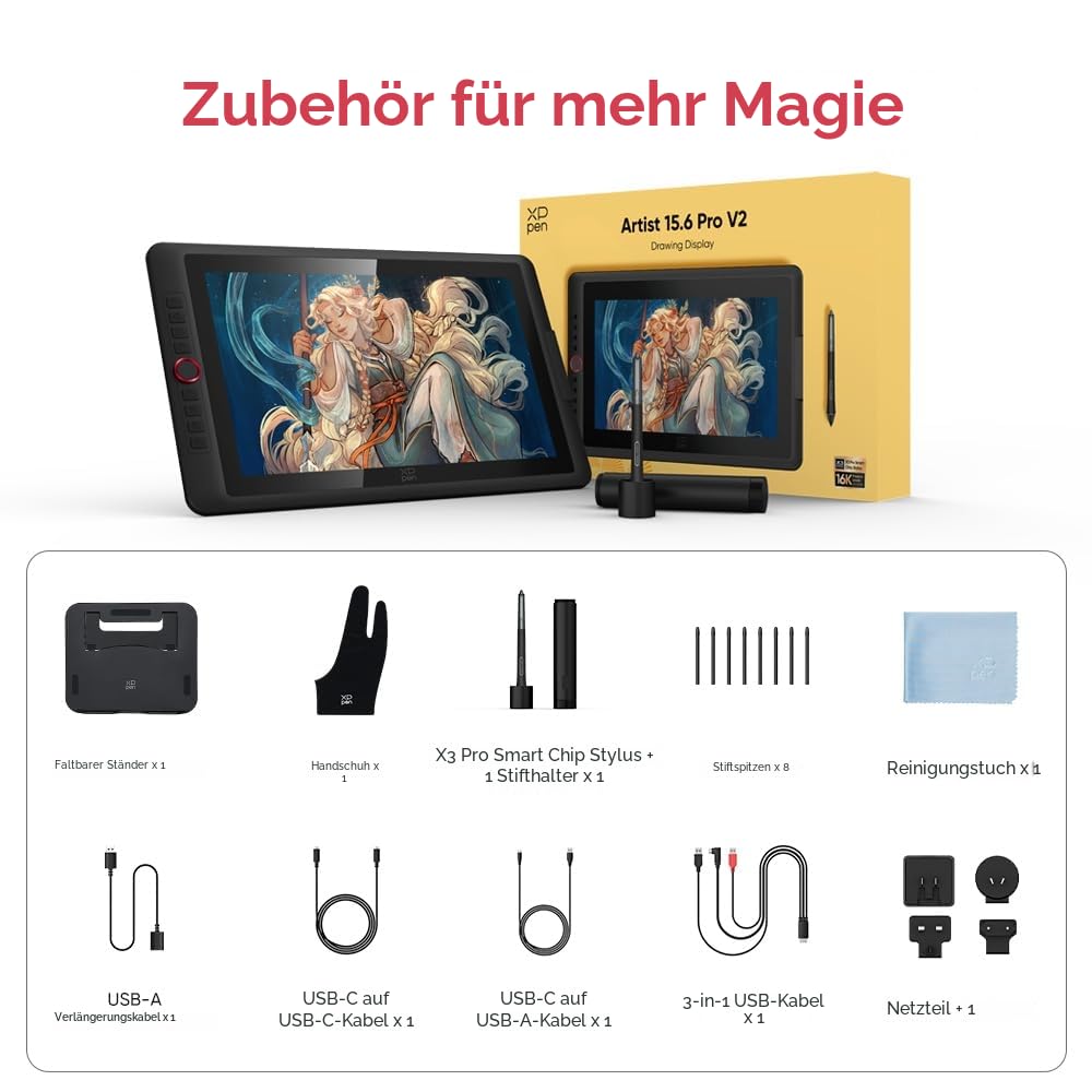 XPPen Artist 15.6 Pro V2 Grafiktablett mit Bildschirm, 16384 Druckstufen, 15,6 Zoll tragbares Grafikdisplay, 8 Shortcut-Tasten, kompatibel mit Windows Chrome OS