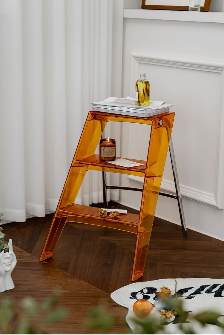 3 Step Ladder Folding,Acrylic 3 Step Stools for Adults with Wide Anti-Slip Pedal,Household Foldable Step Stool,Creative Home Storage Rack