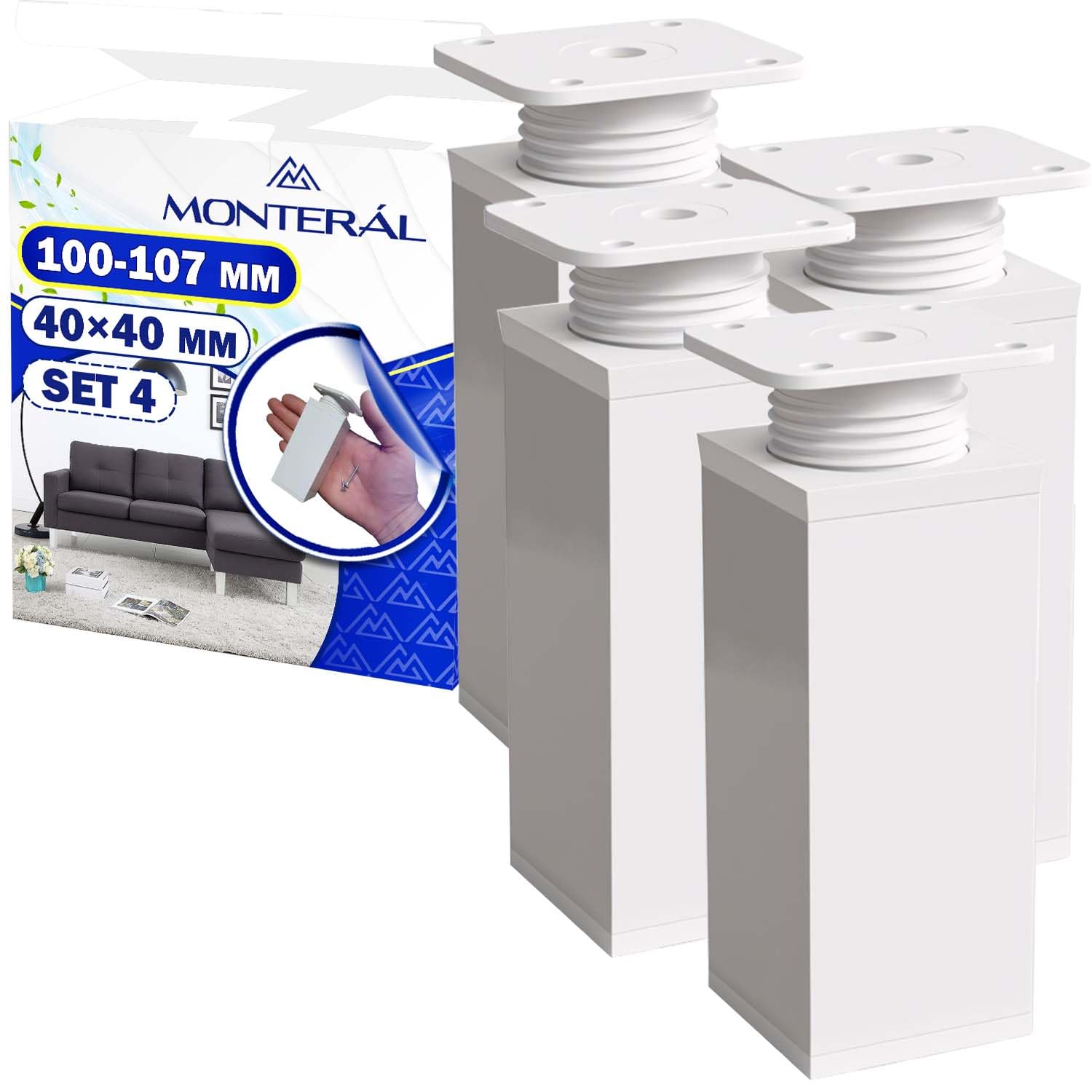 MONTERAL 4 Pieces Adjustable Furniture Legs 100 mm Extendable to 107 mm Profile 40x40 mm