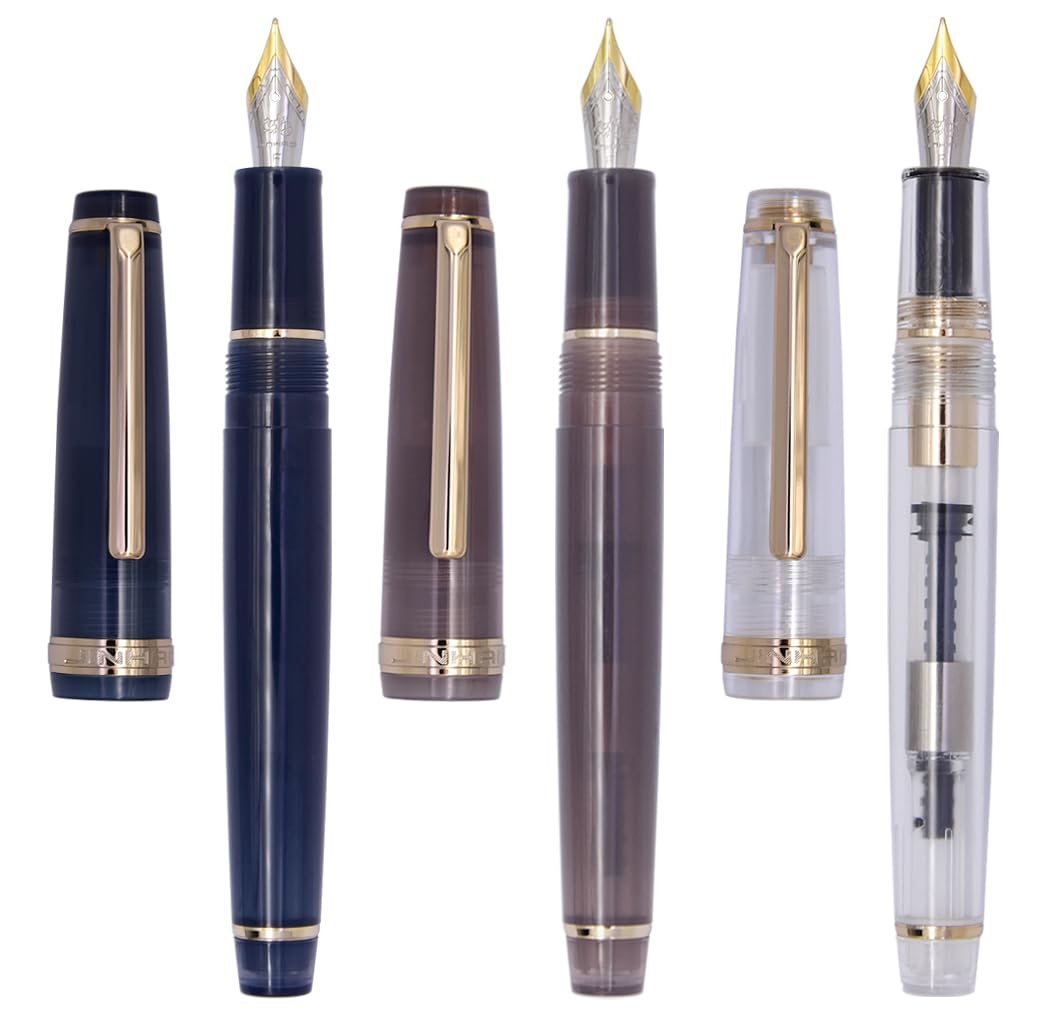 XIAOYU 3PCS Jinhao 82 Acrylic Fountain Pen, Iridium Nib Gold Trim with Ink Converter, Classic Smooth Transparent Writing Pen, Fine Nib(0.5mm), Dark Blue, Grey and Transparent
