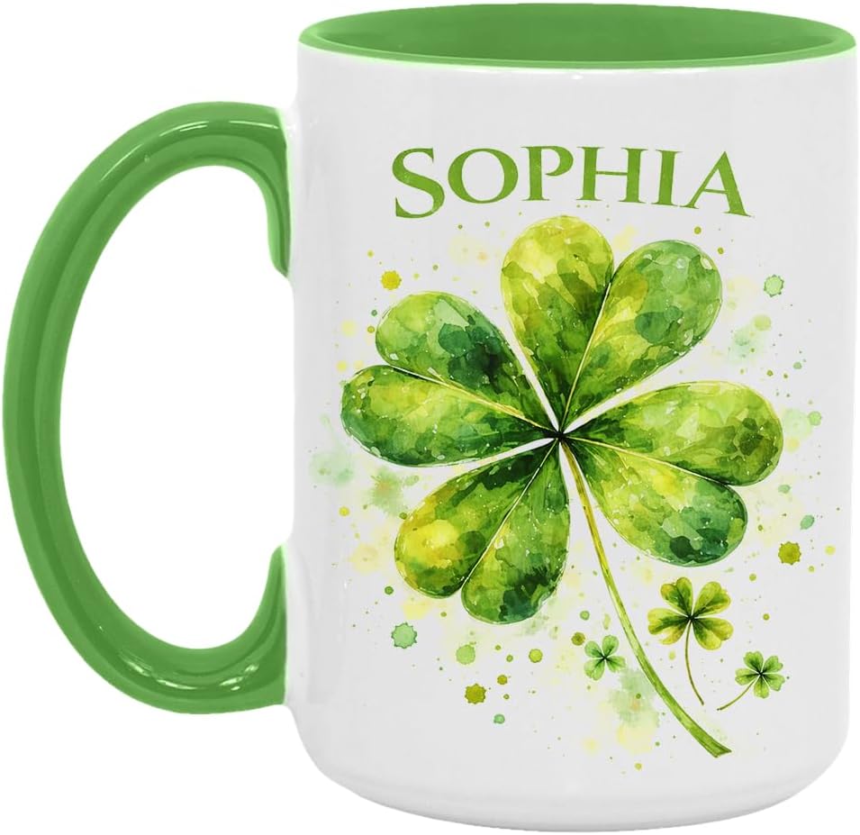 Personalized St. Patrick's Day Clover Mug, Custom Name 'Sophia', Green Handle & Interior, Watercolor Shamrock Design, Lucky Irish Gift for Women, St. Patty's Day Decor