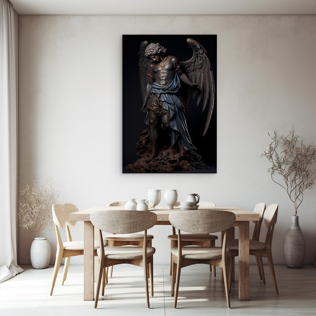 Canvas for Living room. Winged Warrior: A Statue's Battle Amidst Ruins and Gold, 27 x 18 inch Canvas Wall Art - Ready to Hang - 69x46 cm (27x18 inch)