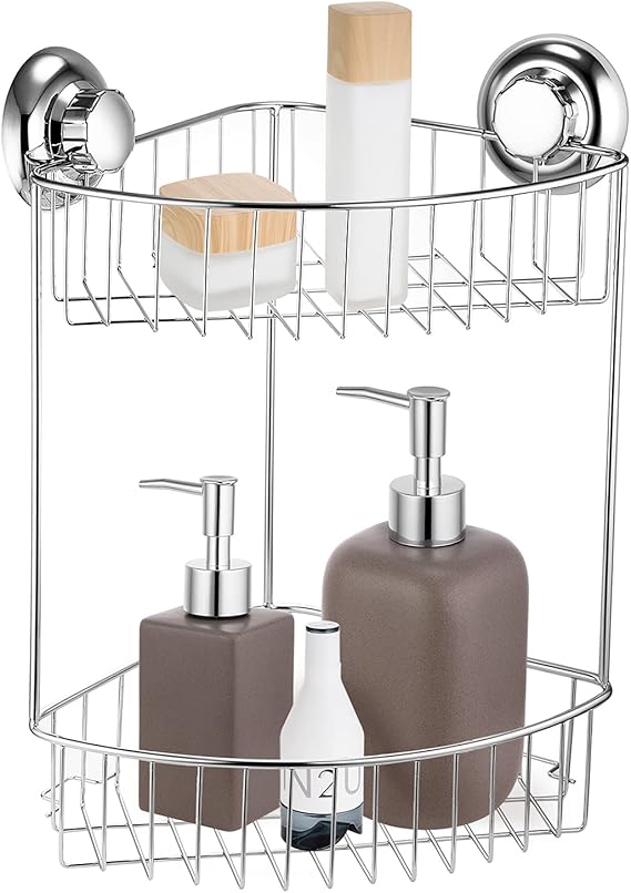 MaxHold NoDrilling Suction Cup Two Tier Corner Shower Basket Vaccum